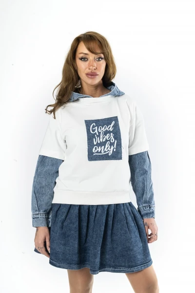 Denim Kombinli Kapüşonlu Sweatshirt
